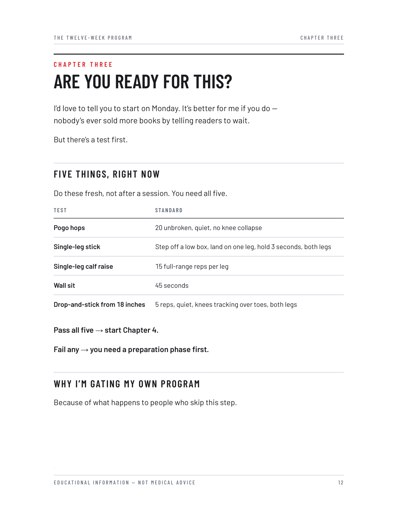 Chapter 3 of the twelve-week book — the five-part readiness test and its standards